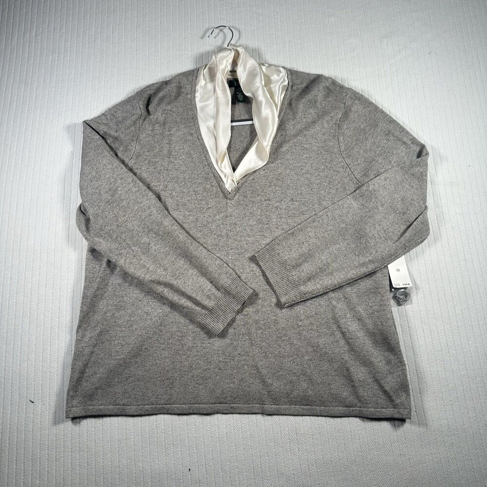 Ralph Lauren Women’s 3X Plus Gray V-Neck Sweater Satin Collar NWT